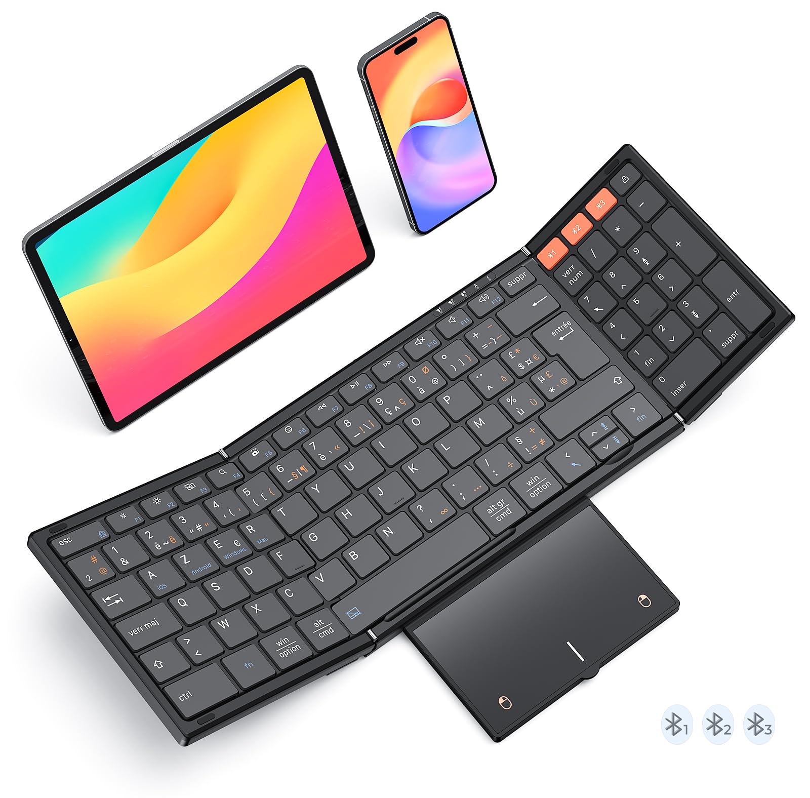 MEETION Clavier Bluetooth Pliable Avec Pavé Tactile, Clavier Portable Sans Fil AZERTY, Clavier Pliable Full-Size Rechargeable, Compatible Avec Android, Windows, iOS, Tablettes Et Ordinateurs Portables