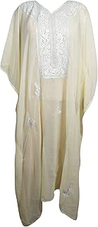 Mogul Interior Women's Beige Caftan Maxi Dresses Georgette Kaftan Cover Up OneSize