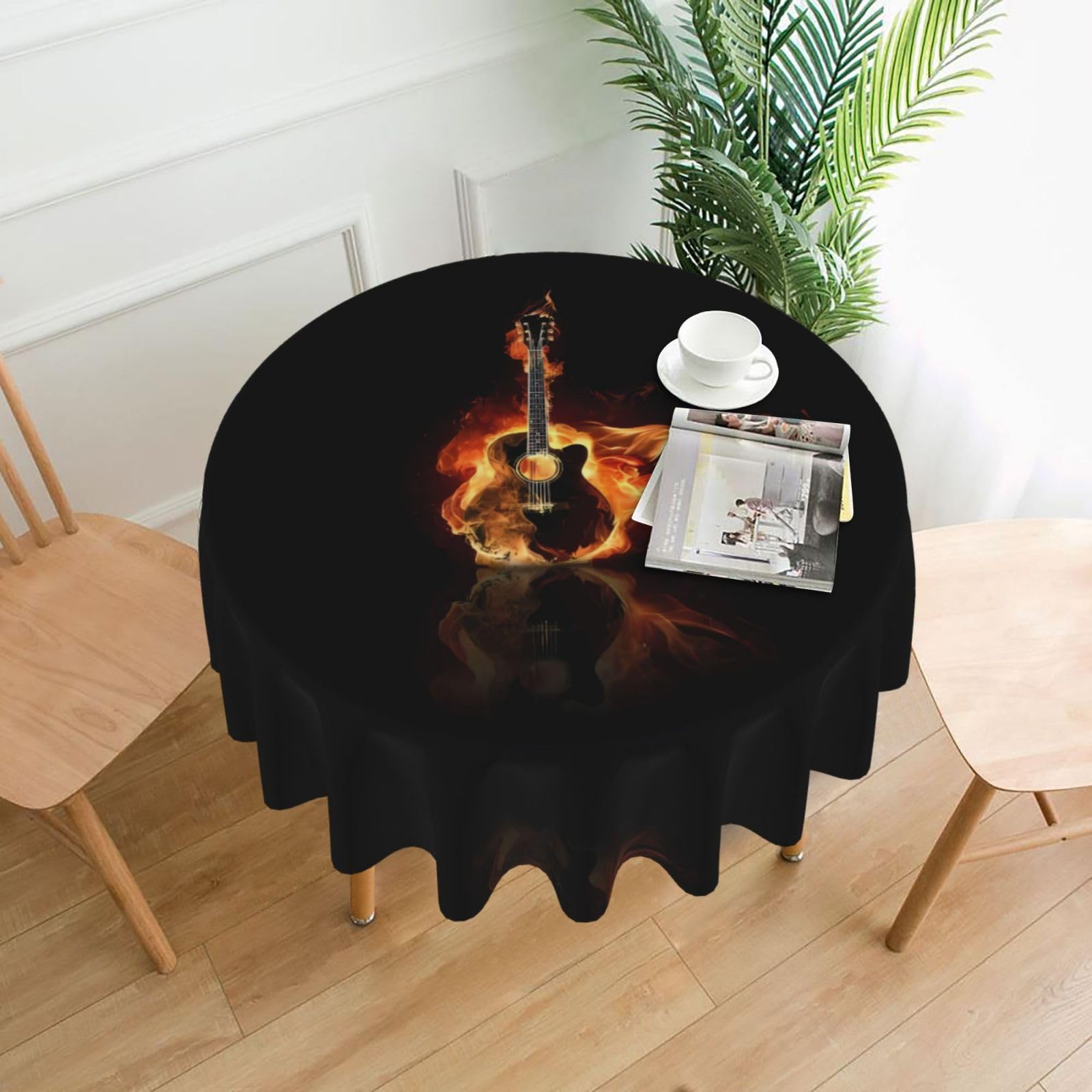ZHAOUR Fire Guitar (1) Print Round Washable Tablecloth – Table Cover