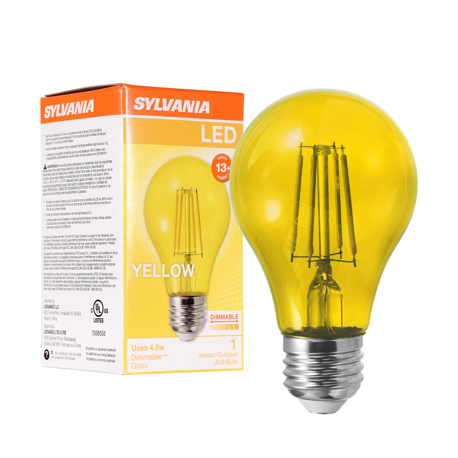 LEDVANCE Sylvania LED Yellow Glass Filament A19 Light Bulb, Dimmable, Efficient 4.5W, E26 Medium Base, 1 Pack