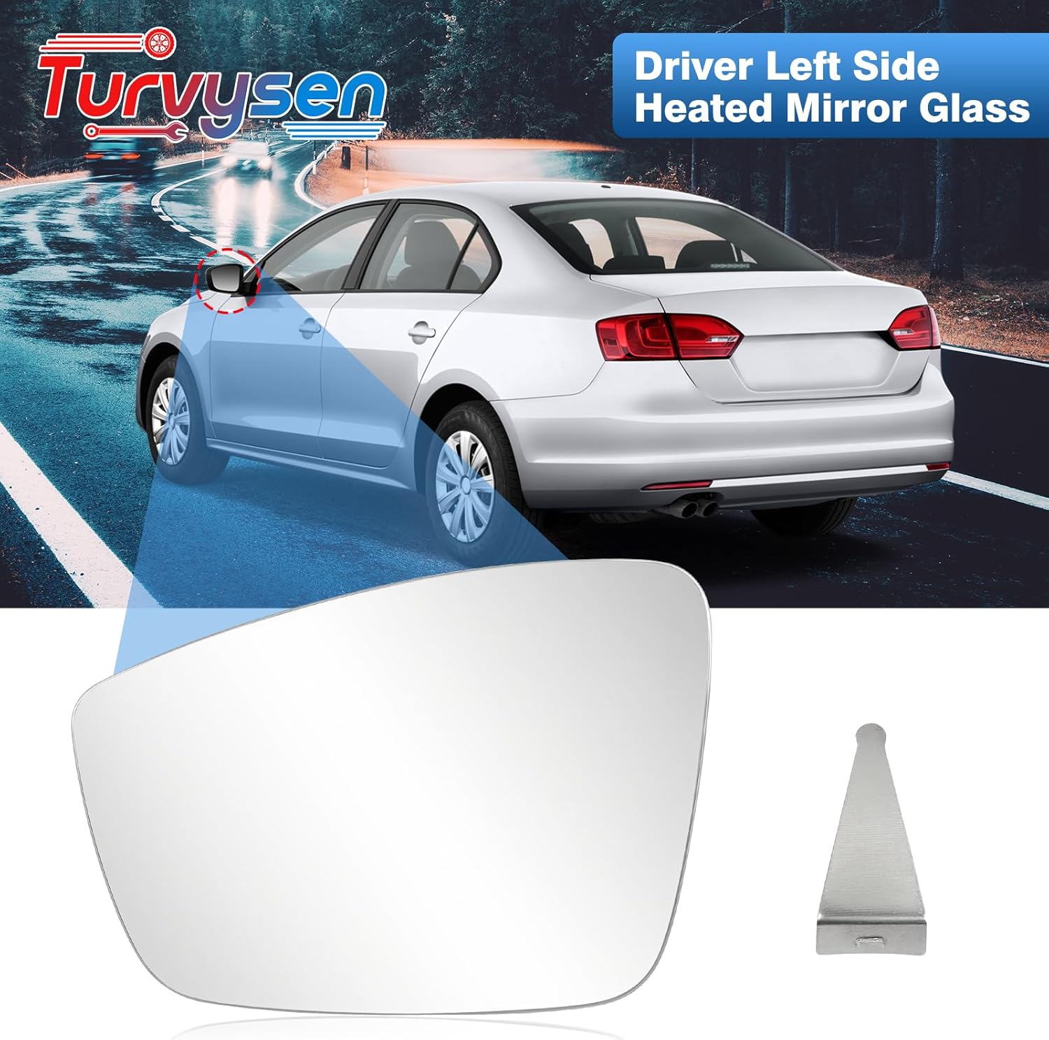 Driver Side Mirror Glass Compatible with 2011-2018 Volkswagen Jetta, 2012-2016 VW Beetle, 2012-2015 VW Passat, Left Convex Heated Mirror Replacement with Backplate & Holder