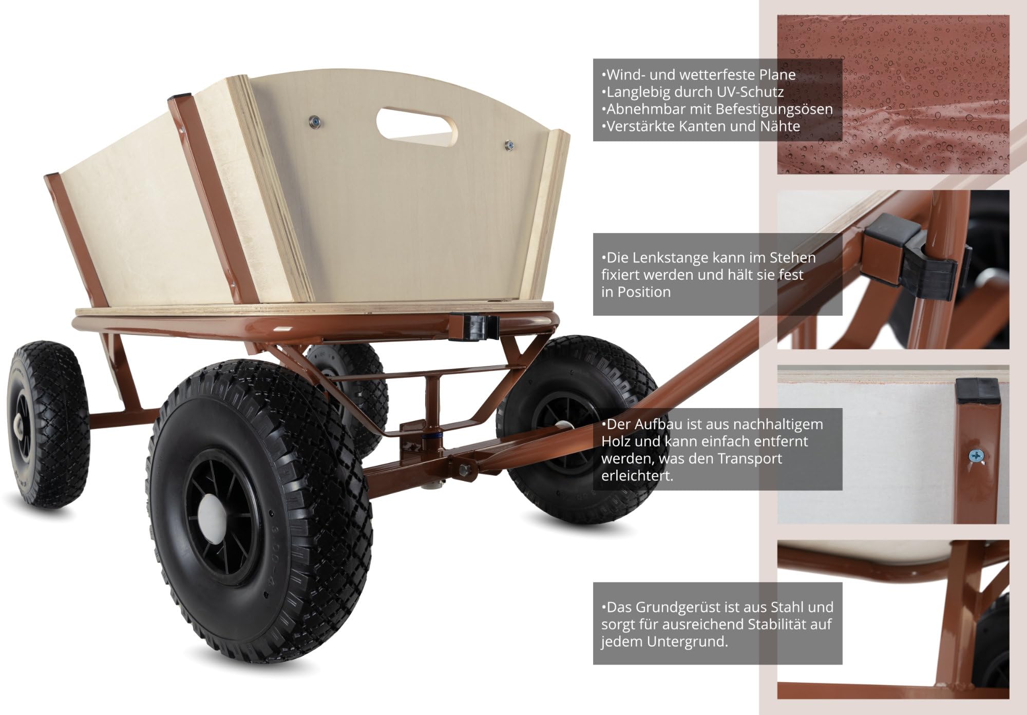 Stagecaptain Bollerwagen Holz im Wild Western Style - Handwagen mit Dach für Sonne und Regen - Lenkbare Vorderachse & Deichsel aufrecht fixierbar - Robuste Profilreifen aus Hartplastik
