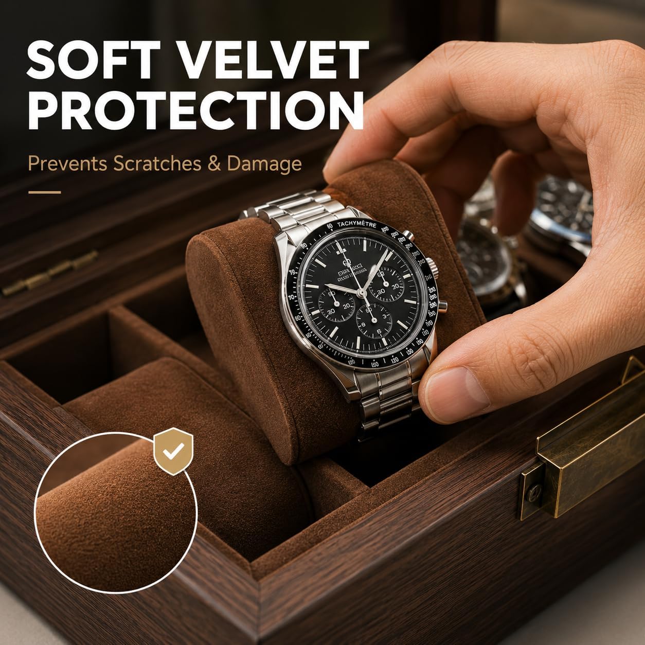 6-Slot Watch Box Organizer, Black Walnut Wood, Clear Glass Lid, Soft Velvet Lining, 12x31x8 cm, Watch and Jewelry Storage Case