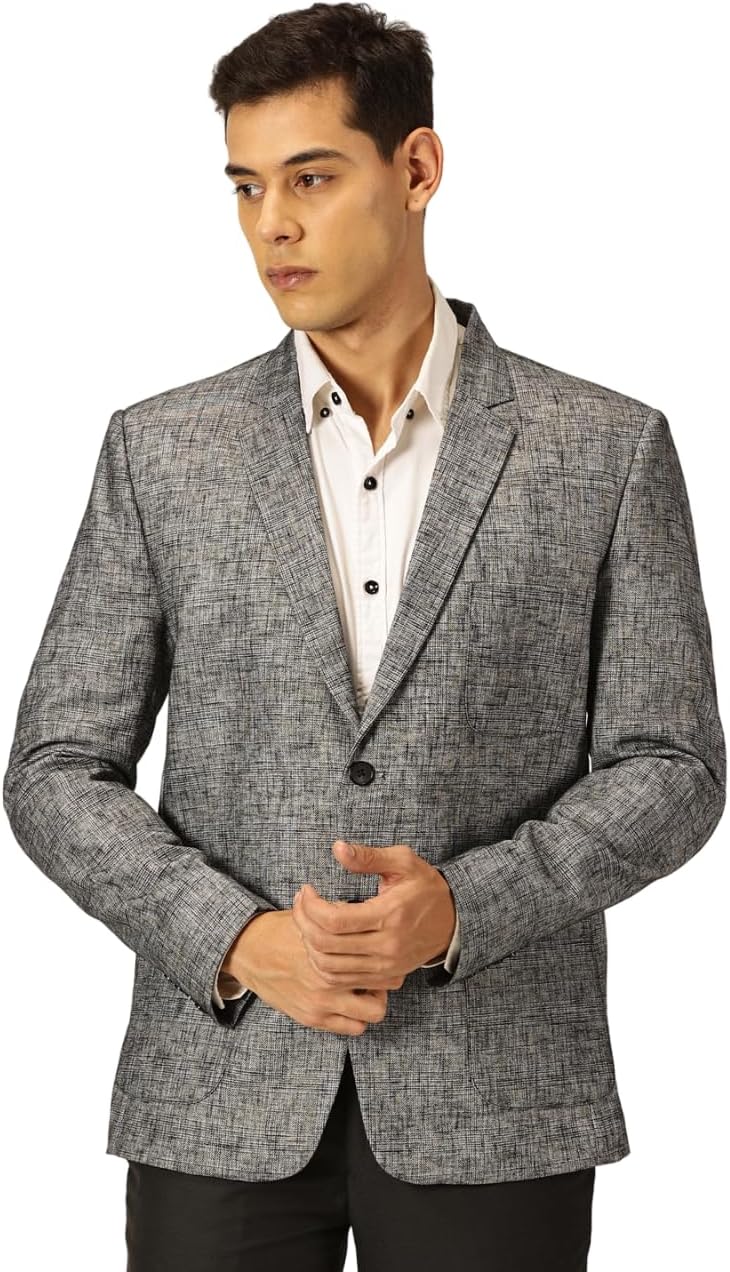 Mens Slim Fit Single Breasted Linen Blend Polyester Notched Lapel Collar Blazer Formal Casual Wear