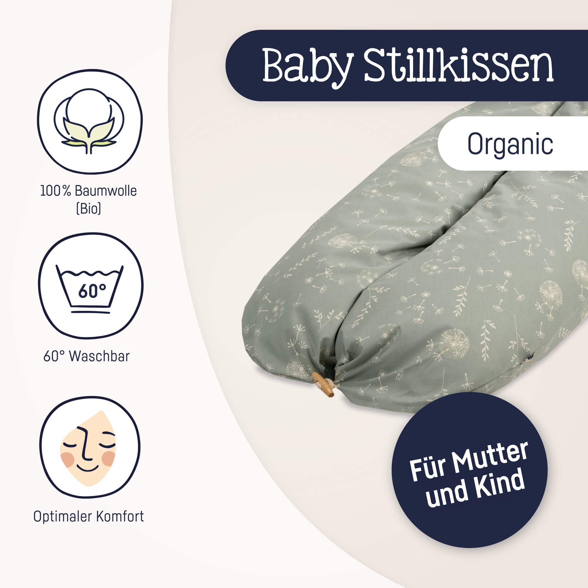 Julius Zöllner Organic Stillkissen ca. 190 cm | Füllung 42 Liter EPS-Mikroperlen | Made in Germany | Bezug aus 100% Baumwolle | Oeko-TEX® Standard 100 | Wildflower