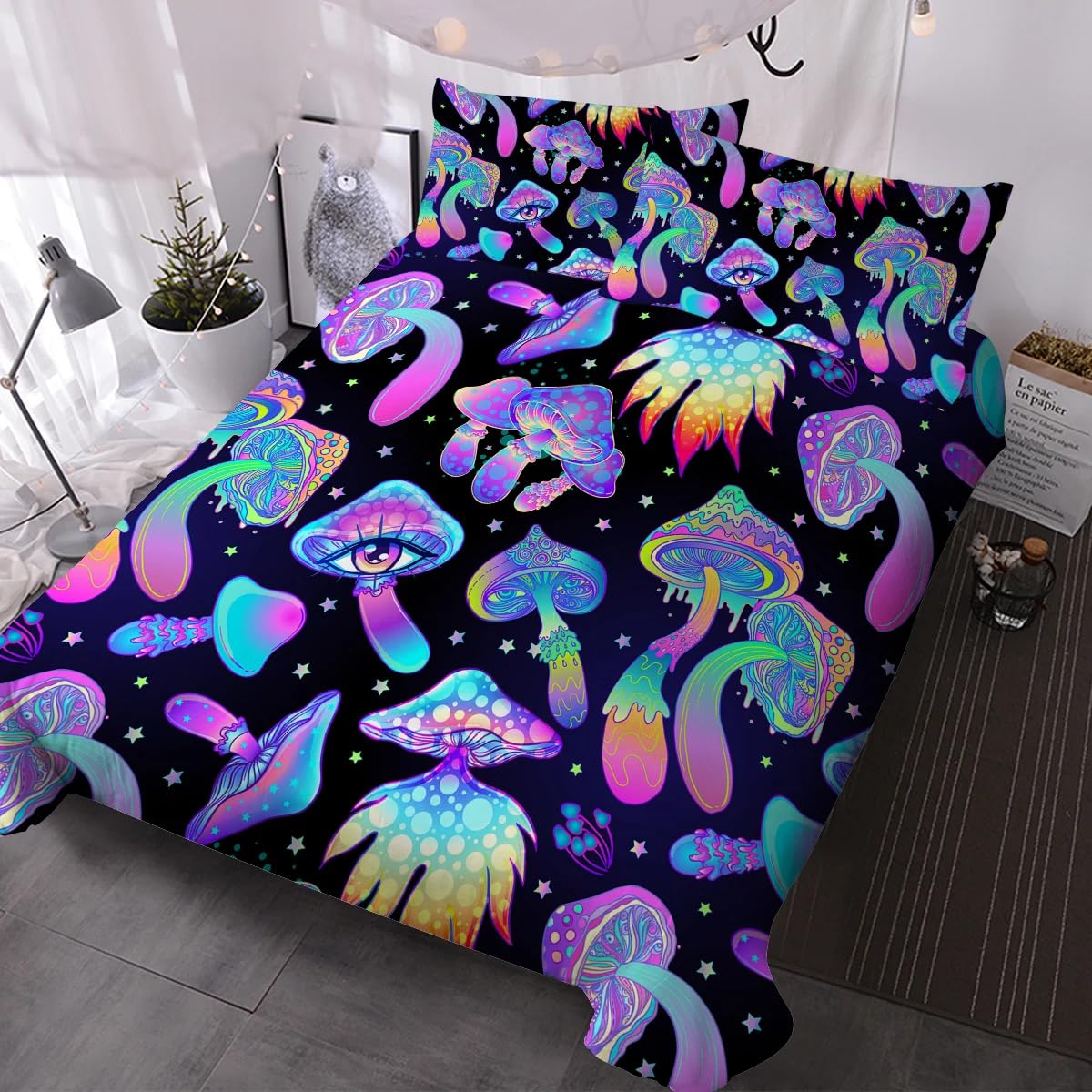 Double Duvet Set Psychedelic Mushrooms Kids Bedding Double Bed Set Soft Microfiber 3 Piece Bohemian Mushrooms Bedding Boys Teenager Room Decoration Duvet Covers with 2 Pillow Case (Double，200x200 cm)