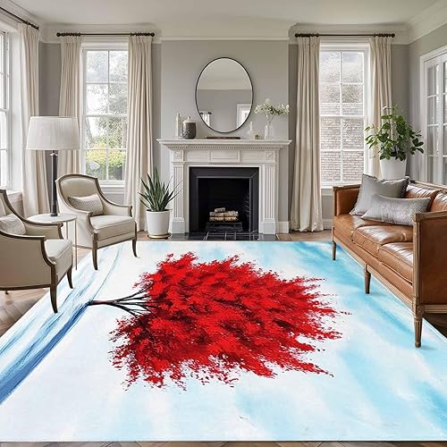 Miniatura 2 de 5x8 Area Rugs, Red Tree Non-Skid Rubber Backing Large Rectangle Rugs - Living Room Bedroom Home Office, Blue Sky Landscape Retro Watercolor Indoor