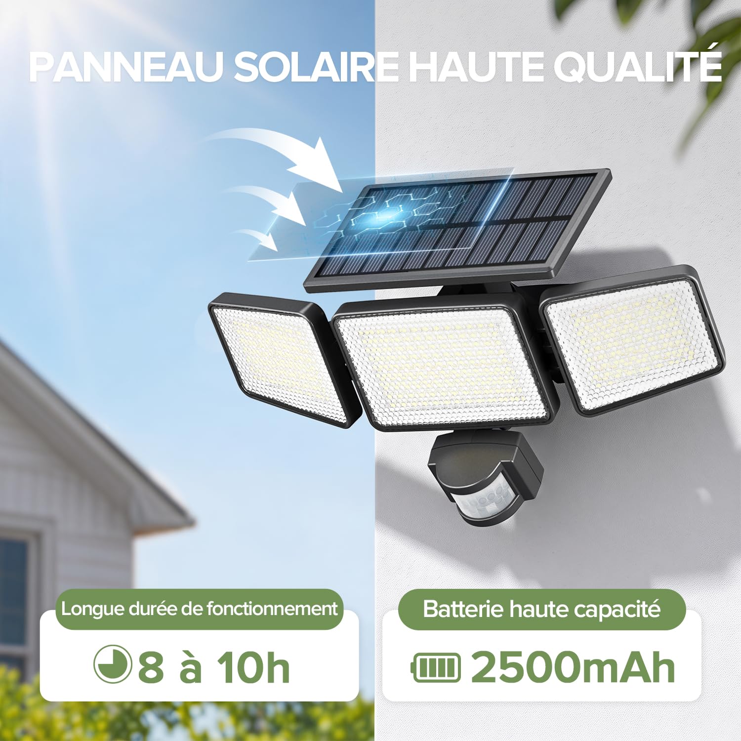 UME Lampe de sécurité solaire Extérieur 302 LED 1200 lm, projecteur mural étanche à énergie solaire avec détecteur de mouvement PIR, 3 têtes, étanche IP65, 3 modes