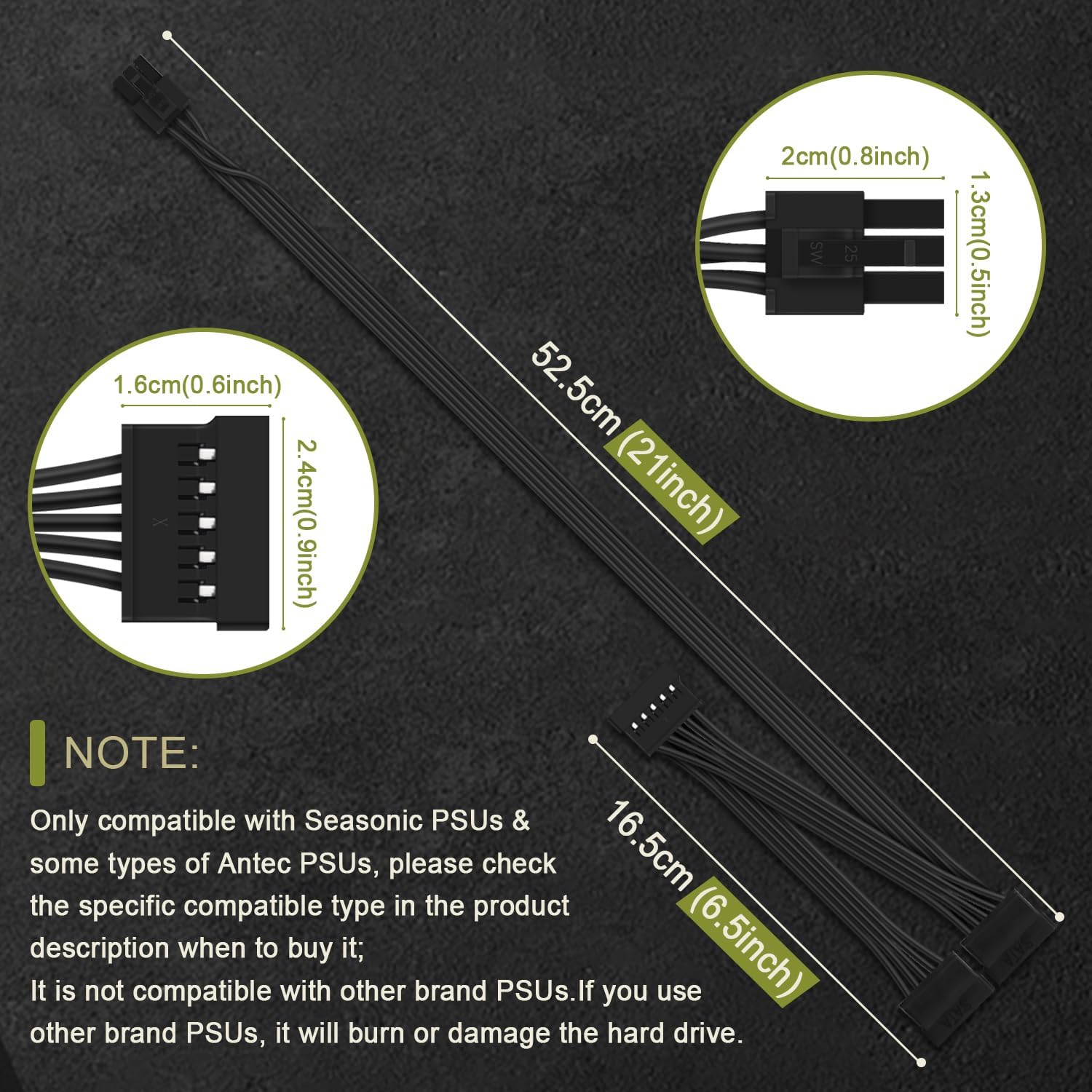 COMeap SATA Power Cable for Seasonic Antec PSUs, 6 Pin to 3X 15 Pin SATA Hard Drive Power Adapter Splitter for BTC Mining Riser Card 20-in (50cm)