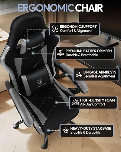 Miniatura 6 de Silla de juegos con reposapiés, silla ergonómica de malla de cuero de 330 libras, soporte lumbar de masaje, altura ajustable y almohada para