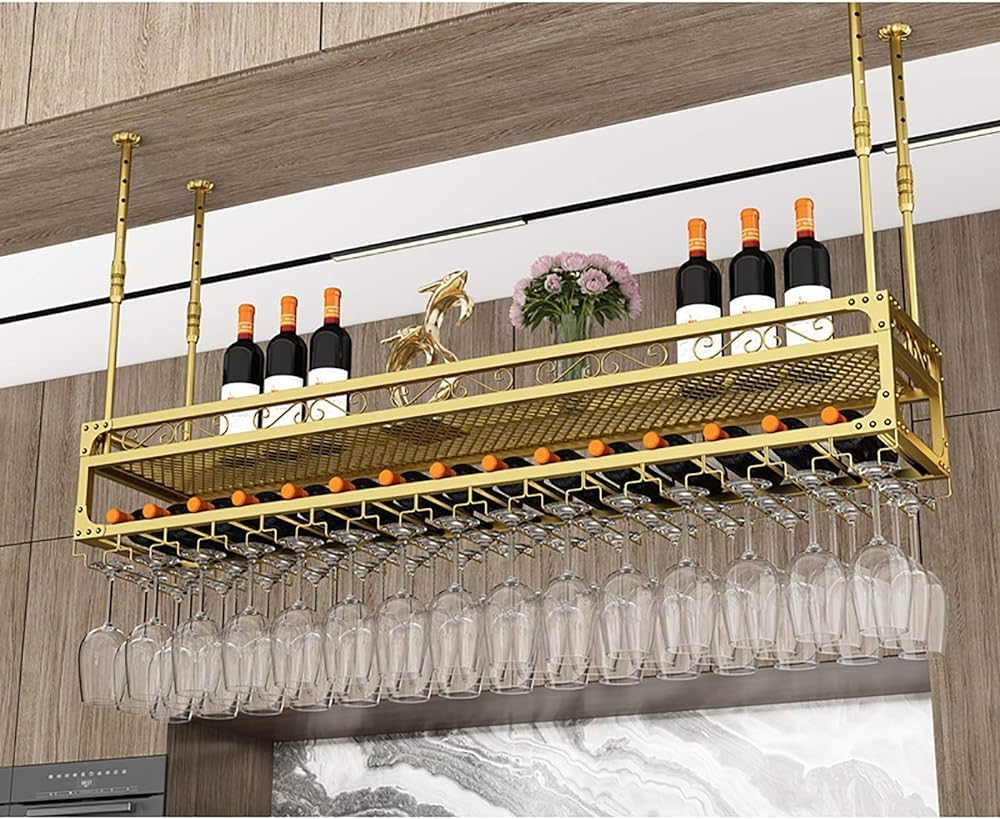 Casier à vin étagère verres à pied suspendu support bouteille bar restaurant métal doré 100cm