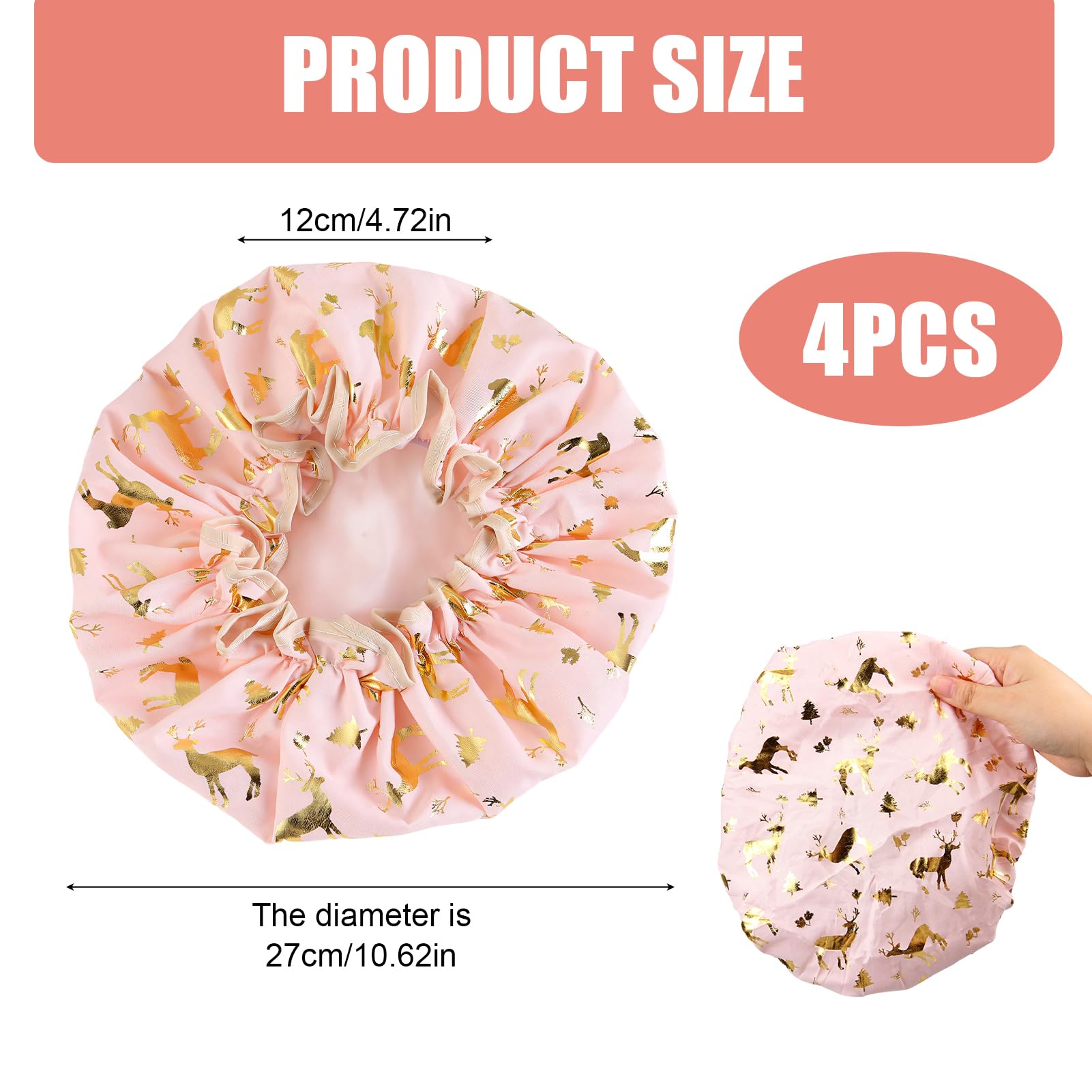 Lotnery 4Pcs Shower Caps for Women & Girls, Double Layer Waterproof Bath Cap with Ruffled Edge Covering Ears - Image 2