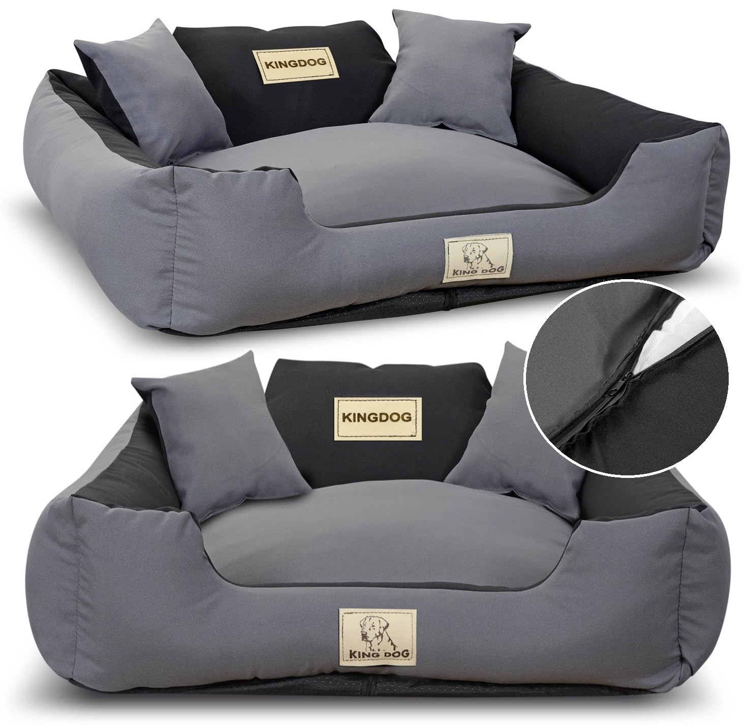 KING DOG Hundebett Grosse Hunde Waschbar L 100 x 75 cm Hundekissen Hundekorb Personalisiert - Name des Hundes Mit Reißverschluss Abnehmbares Kissen rutschfeste Unterseite Silikon Füllung Grau