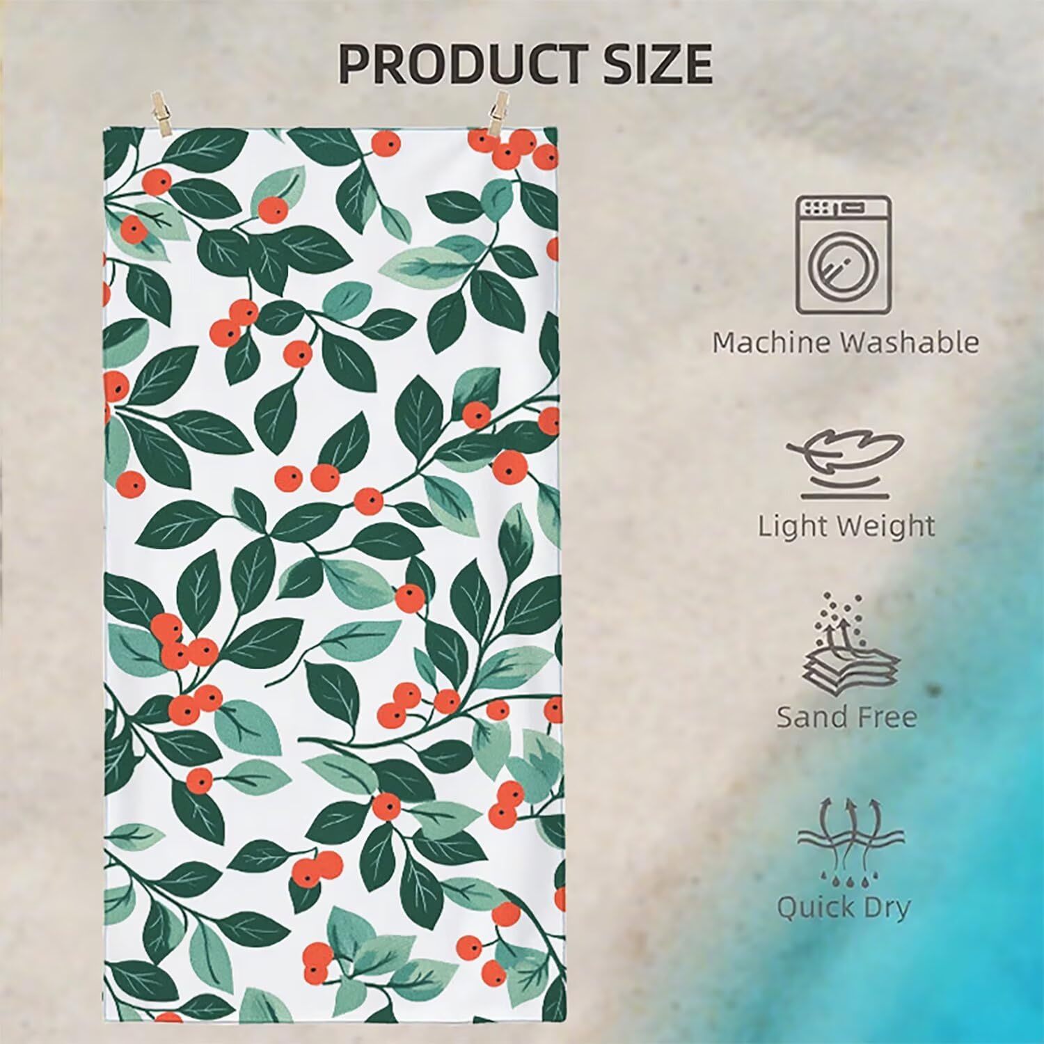Toalla Playa Microfibra 150x200 Hoja Diseño Super Absorbente Sin Arena Toalla Playa, con Cuerda Elástica, Ligero, Hombre, Mujer Ideal Toallas de Baño, Aplicable Gimnasio,Viajes, Natación, Verde p-352