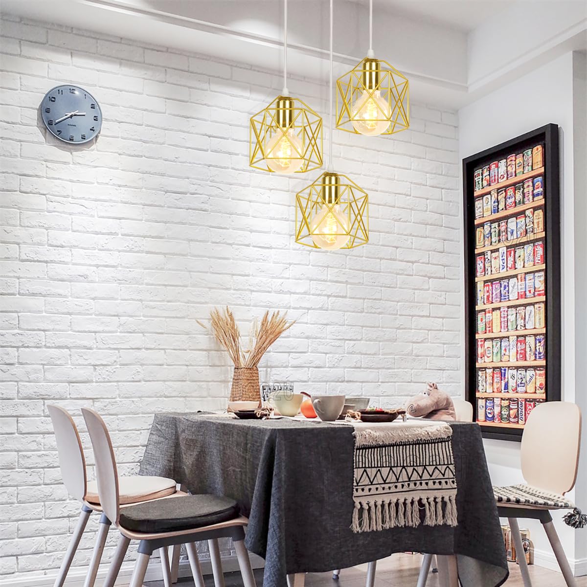 Lampadario a Sospensione Vintage 3 Luci Industriale E27 Plafoniera Retro in Metallo gabbia Lampada da soffitto per Cucina Salotto (Oro - con una barra)