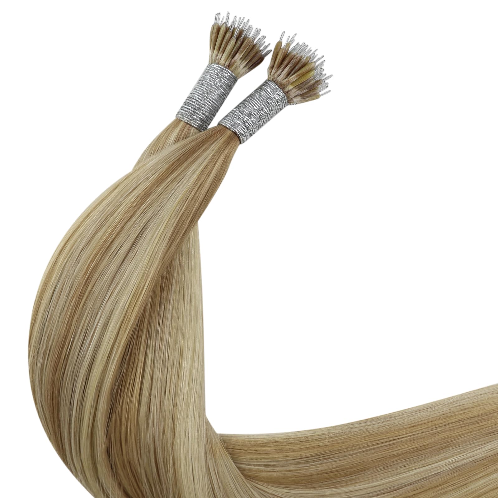YoungSee Nano Beads Hair Extensions Blonde 14inch Nano Hair Extensions Warm Ash Blonde Highlights Bleach Blonde Nano Ring Hair Extension Highlight for Women Cold Fusion 50g Short Straight 50s — view 9