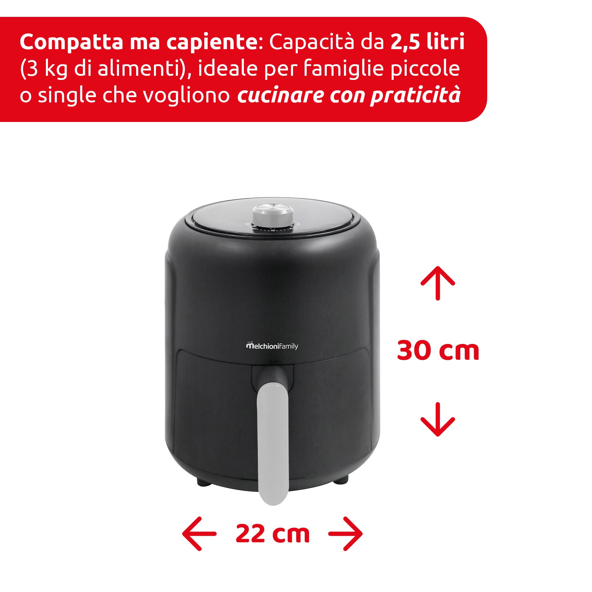 Melchioni Family Sofia - Freidora de aire, 2,5 L, 1000 W, reducción de grasa, 80%, cesta extraíble con mango temporizador, 30 min, temperatura ajustable hasta 200 °C