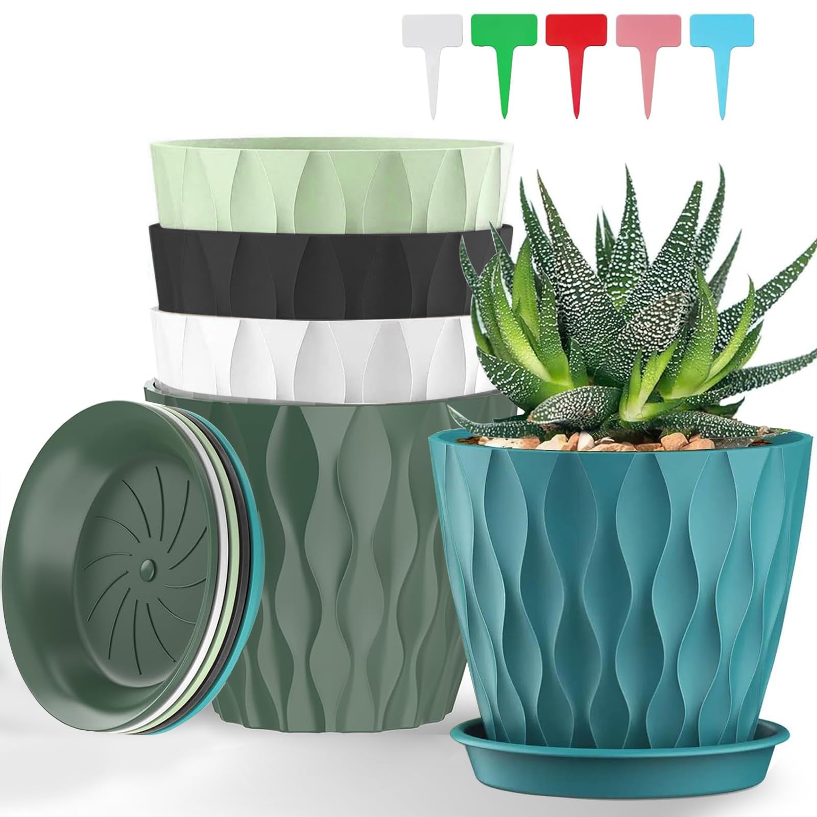 5 Piezas Macetero con Plato, 12.6CM Maceta Redonda de Plástico con 5 Etiquetas, Macetas con Platillo de Agujeros de Drenaje Maceteros Decorativos Interior para Balcón, Interior, Jardín (Negro, 5IN) — view 9