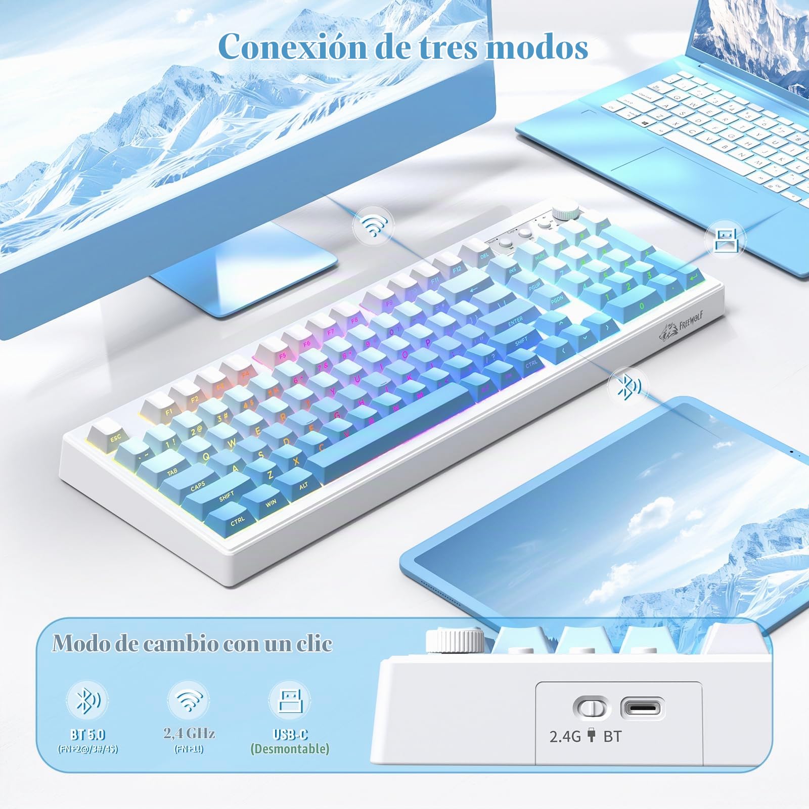 ZIYOU LANG K100 Teclado Gaming Inalámbrico Layout US, Conexión Tri-Modo (BT/2.4G/Cable) Teclado de Membrana con Perilla, 102 Teclas PBT Gradiente, 4000mAh RGB Backlit, para PC/Mac - Azul Glaciar
