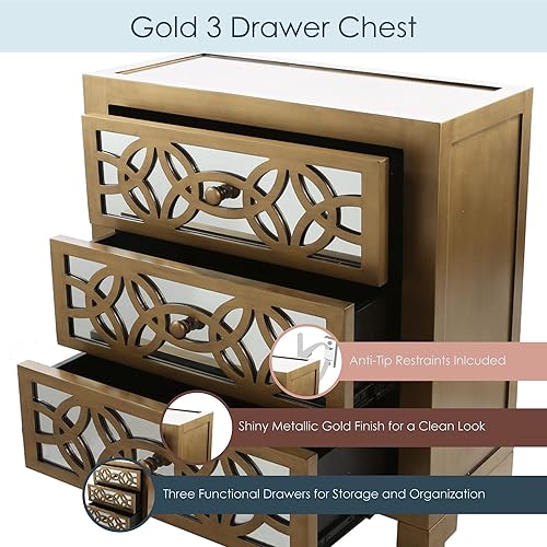 Miniatura 5 de River of Goods Pecho de cajón Mueble de mesa de noche de madera con espejo de 3 cajones para mujer color dorado