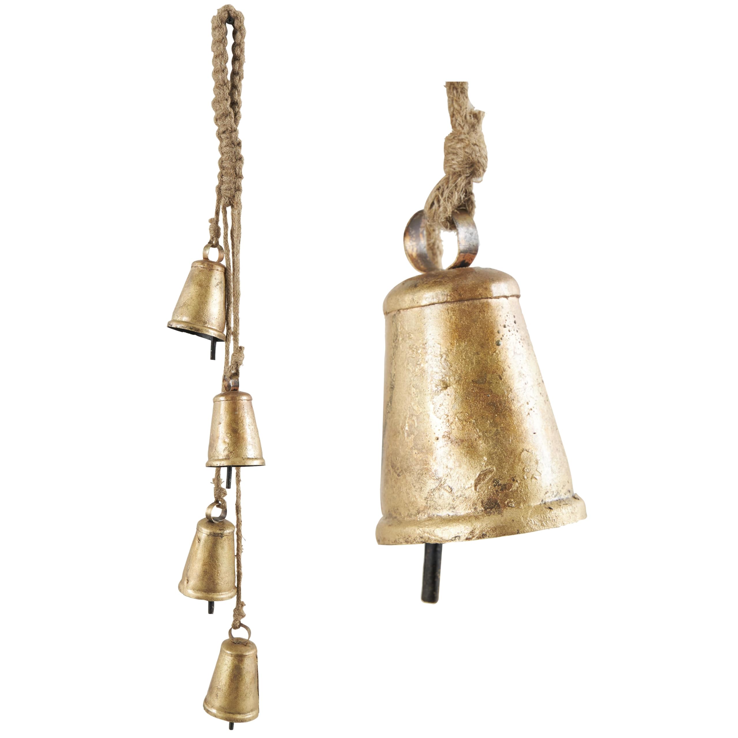 Deco 79 Metal Tibetan Inspired Decorative Cow Bells with 4 Bells on Jute Hanging Rope, 3" x 3" x 27", Gold