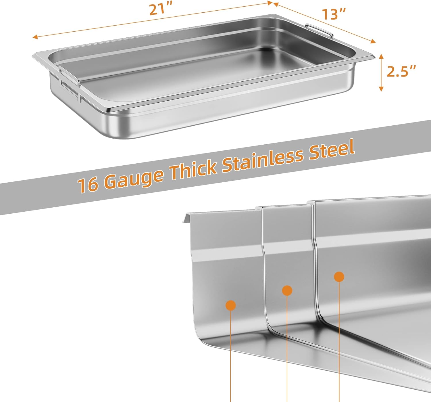 DEXSO 6 Pack Full Size Food Pan, Commercial Catering Hotel Pan, [NSF Certified][with Handle] Stainless Steel 2.5 Inch Deep Anti-Jamming Steam Table Pan
