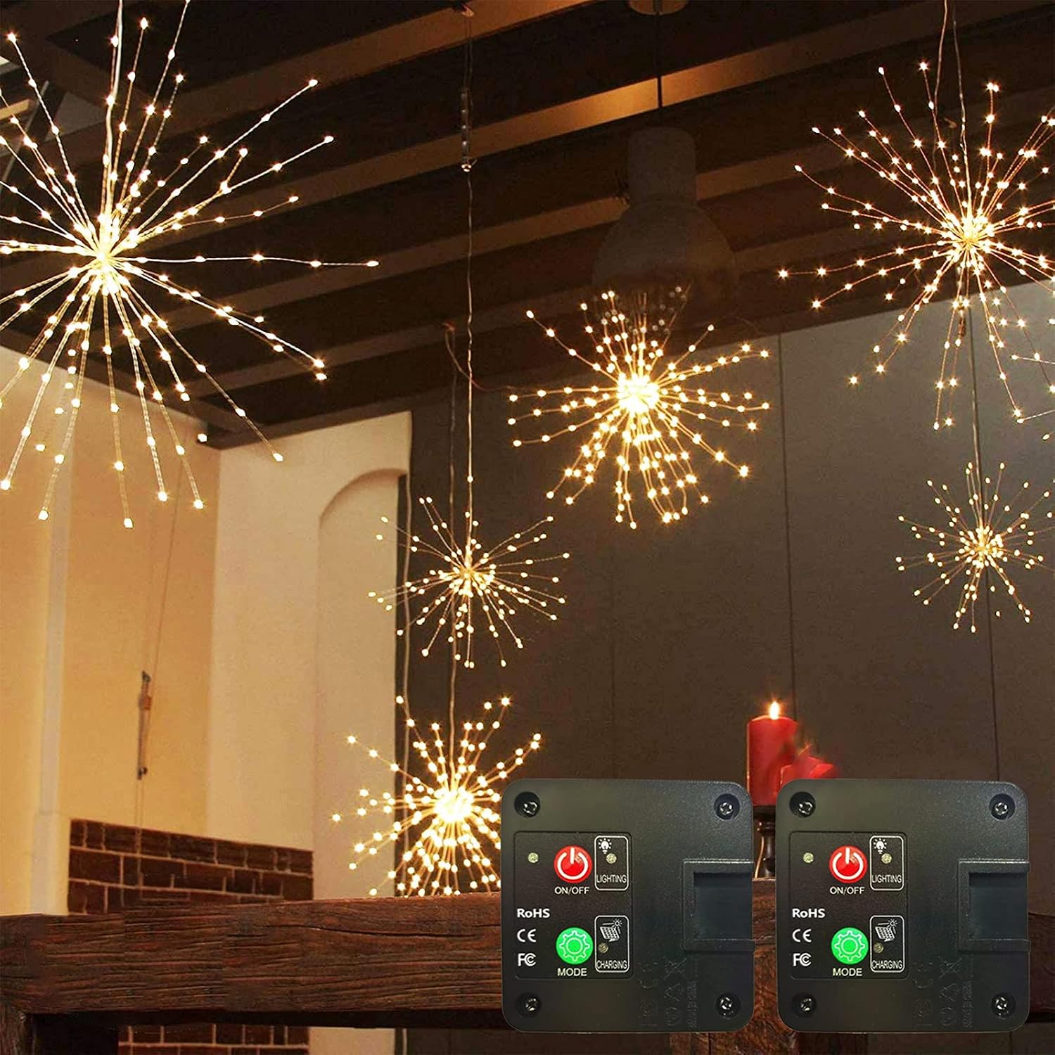 PXBNIUYA 2 Pack Starburst Sphere Lights,200 LED Firework Lights, 8 Modes Dimmable Waterproof Hanging Fairy Light, Copper Wire Lights for Patio Parties Christmas (2 Pack Solar Operated)