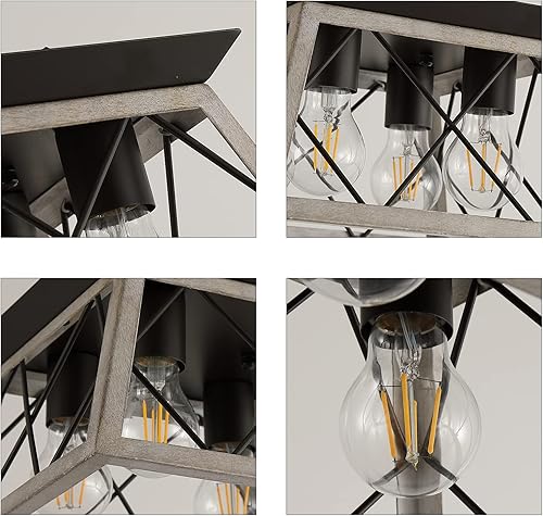 Miniatura 4 de Q&S - Lámpara de techo semiempotrable de estilo rústico de roble, vintage, con 4 luces, cuadrada, estilo rústico, para entrada, pasillo, comedor,