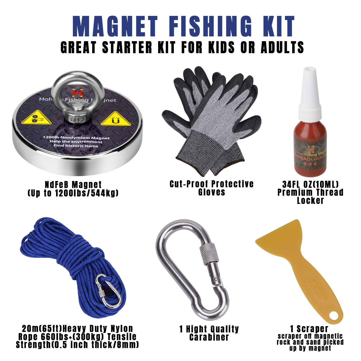 Holvon Fishing Magnet kit with Rope Bundle Pack - 1200lb Pulling Force, 65ft Nylon Rope, Heavy Duty Carabiner, Thread Locker, Tear Proof Gloves, Scraper - Magnet Fishing Metal Objects