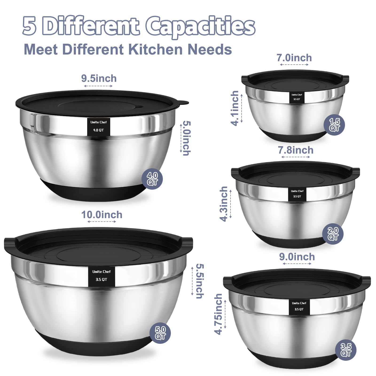 Umite Chef Cuencos para mezclar con tapas herméticas, juego de 8 cuencos de mezcla de acero inoxidable, 3 accesorios de rallador y parte inferior antideslizante, cuencos de cocina negros, tamaño 5, 4,