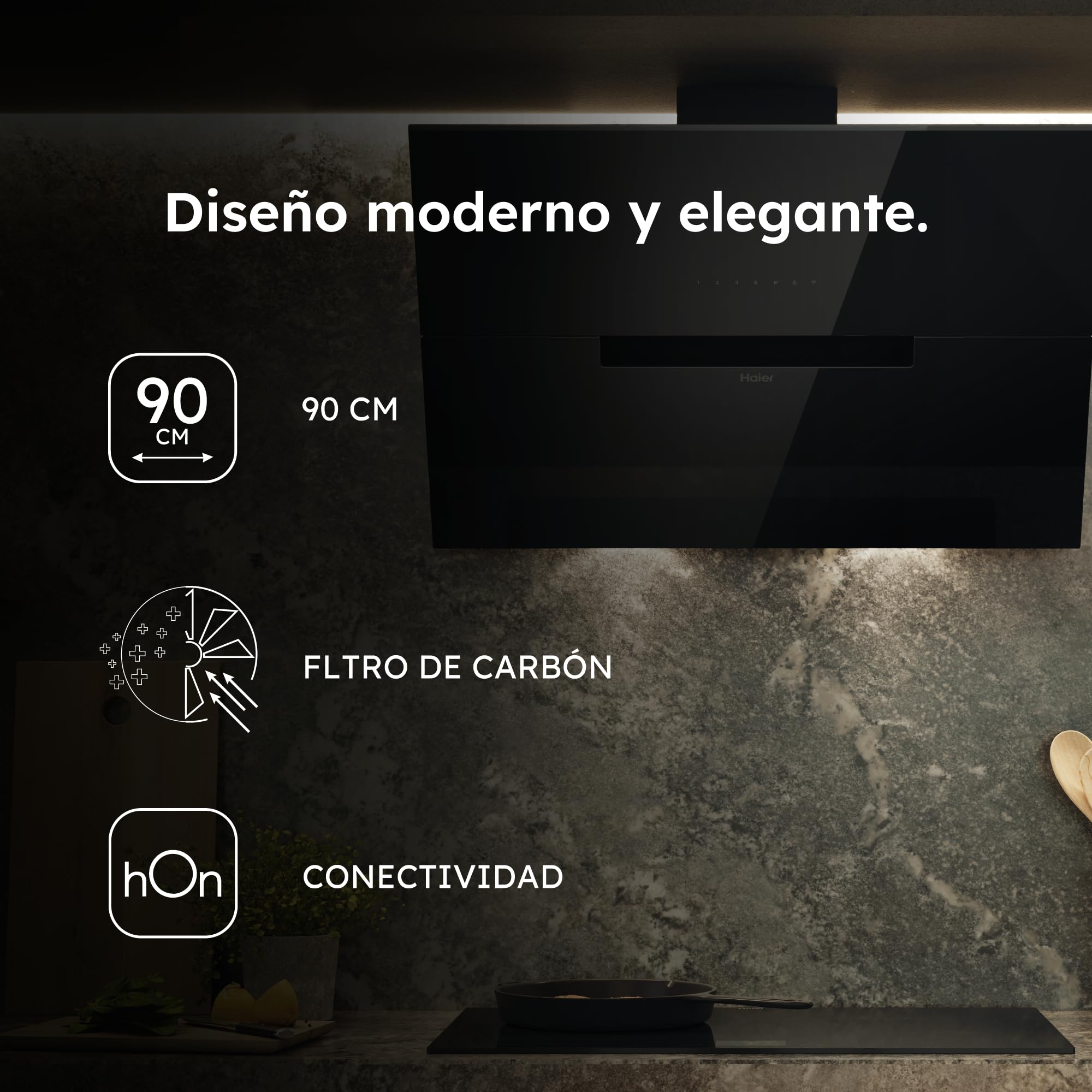 Haier I-Link HADG9CBS4BWIFI Campana extractora decorativa 90cm, WIFI, Potencia 937 m3/h, 270W, 5 Velocidades, 63 db, Filtros carbón, 2 Filtros Antigrasa, Luz LED, Cristal Negro