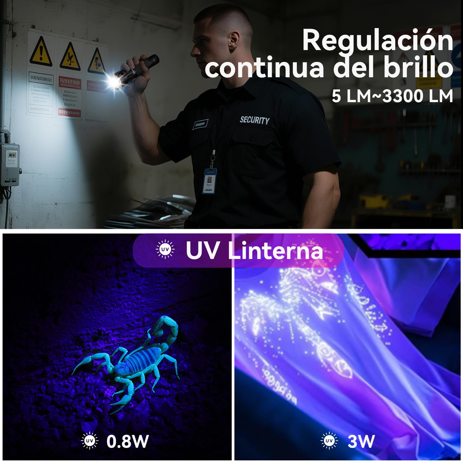 CSTEBOKE SOFIRN SR23 Linterna UV 365nm, Linterna LED Recargable 3300LM, Linterna Potente con Luz Negra, USB-C, IPX8, Imán y Clip, para Camping, Fluorescencia, Manchas de Mascotas y Uso Exterior