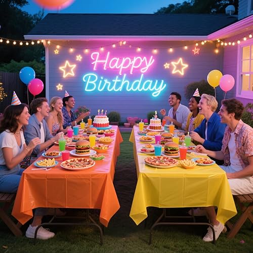 Vista 4 de Paquete de 12 manteles de color neón, manteles de plástico desechables de 54 x 108 pulgadas, mantel rectangular impermeable para picnic