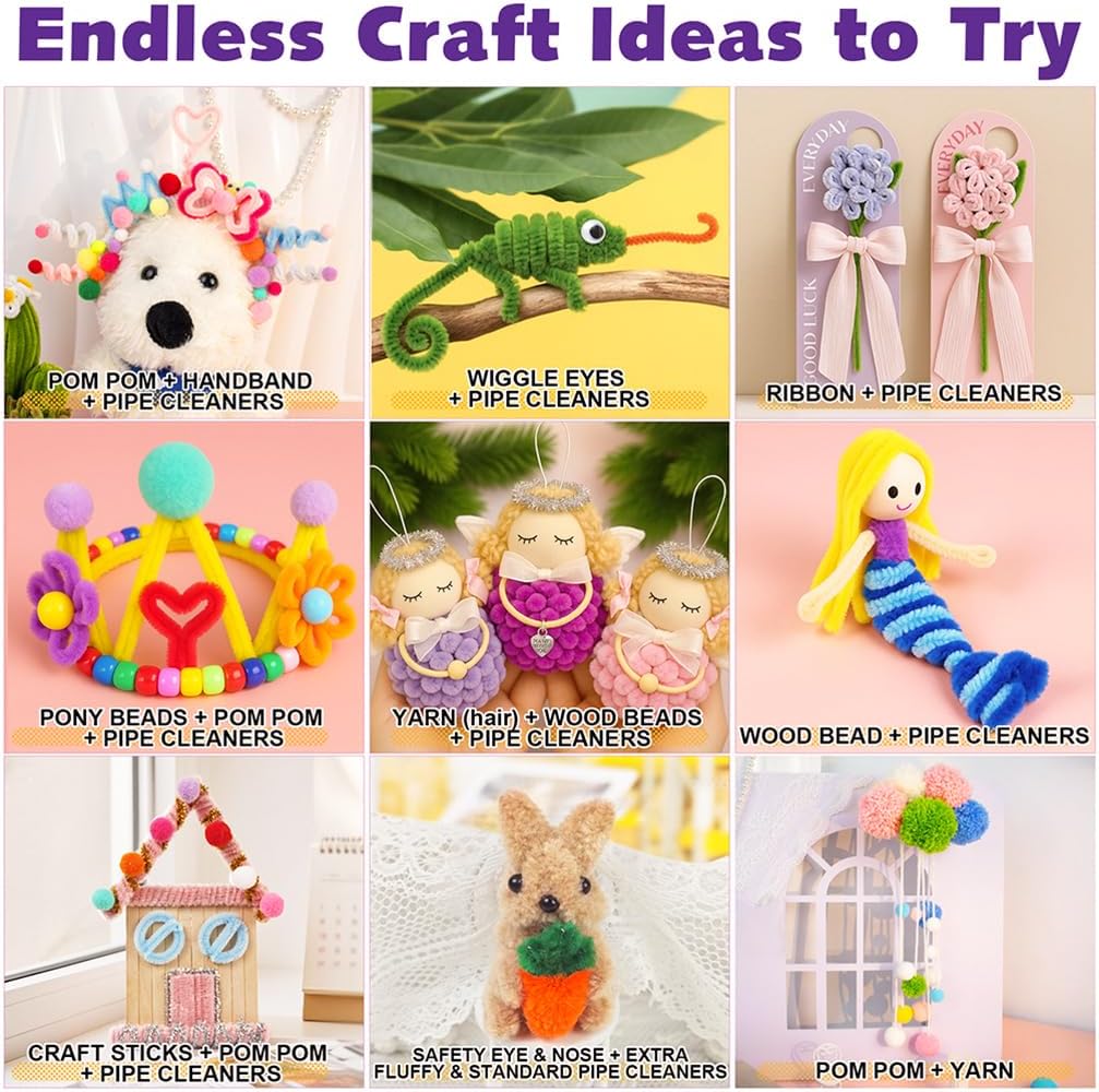 FUNSHOWCASE Craft Box with 1000 Supplies – Pipe Cleaners, Yarn, Pom Poms, Tools