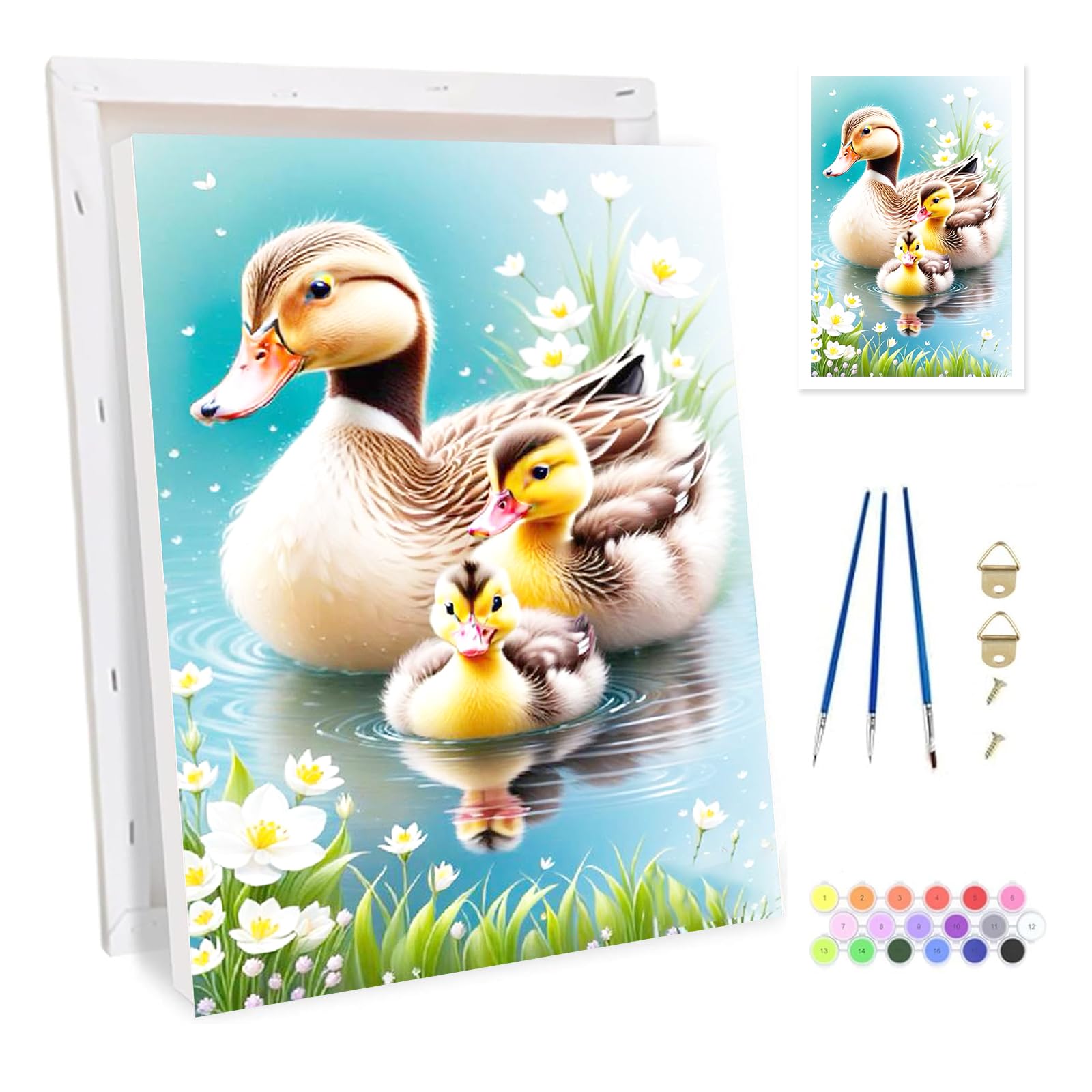 Bowetile Ente Malen Nach Zahlen mit Rahmen für Erwachsene, Tiere Zahlenmalerei Set mit Holzstaffelei Anfänger Leinwand Kit, Gemäide Bastelset auf Leinwand für Home Decor 20x30cm