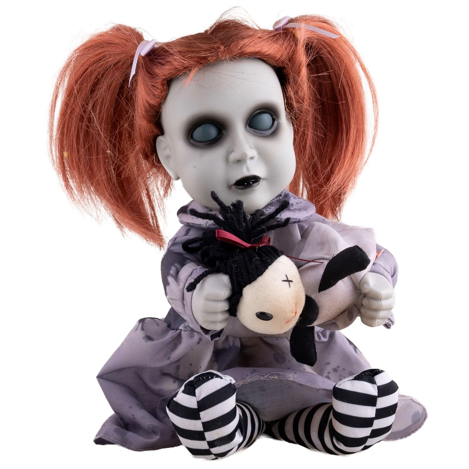 Funny Fashion Halloween Dekofigur „Geisterpuppe mit Teddybär“ 26 cm | Animiert mit Licht & Sound | Grusel Tischdeko