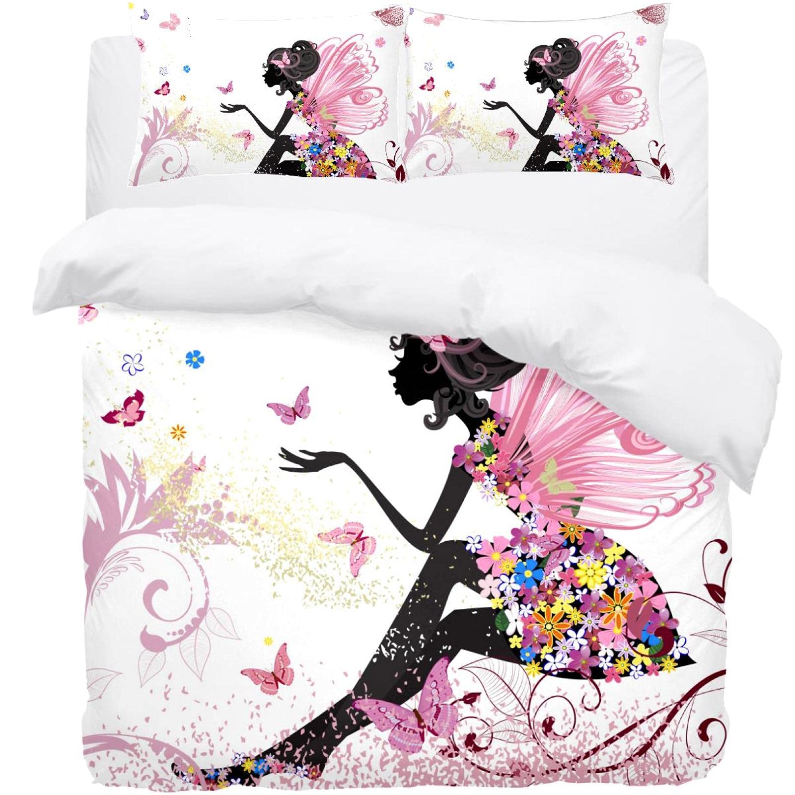 Housse de couette fée rose 3 pièces parure de lit simple fille papillon taie d'oreiller