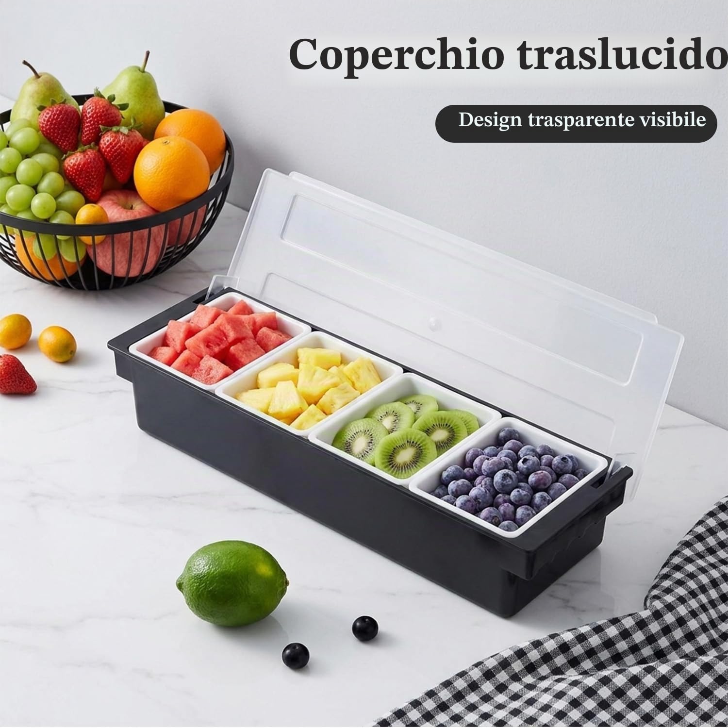 Tissting Distributore di Cibo e Condimenti con Coperchio, Organizer per Frigorifero, Vassoio Multiuso in Plastica per Conservare Frutta, Condimenti, Chicchi di Caffè e Cereali (4 Scomparti)