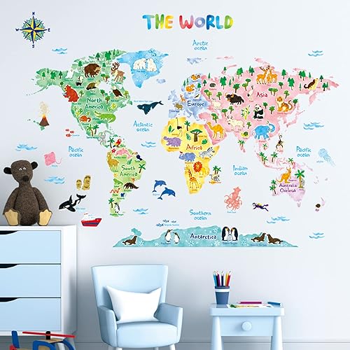 Vista 2 de DECOWALL SG2-1615S - Calcomanías de pared para niños, diseño de mapa del mundo animal, calcomanías de pared extraíbles para niños, guardería