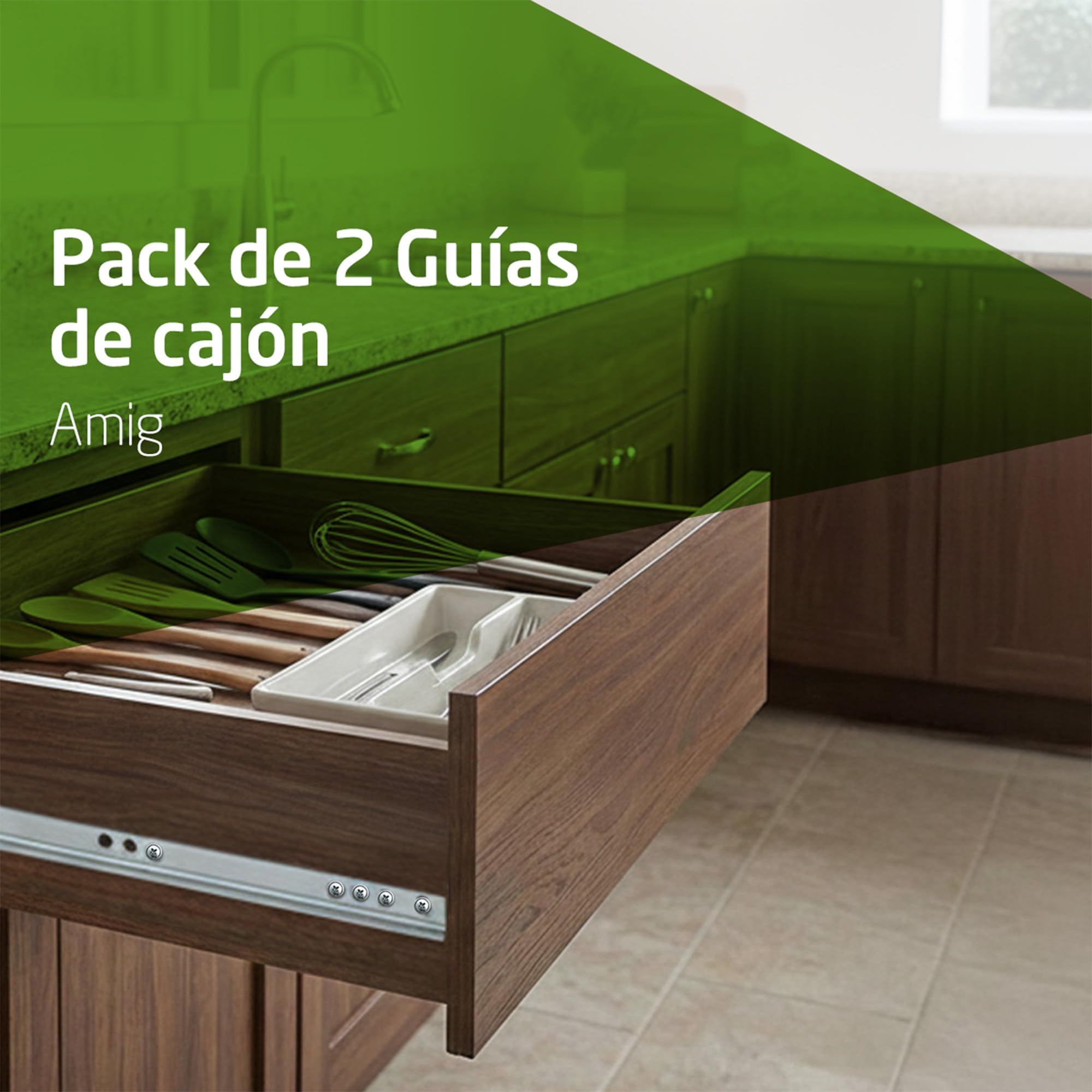 Amig - Juego de 2 Guías Correderas Metálicas - Acero Galvanizado - Para Cajones de Muebles - Extracción Parcial - Resistencia de carga: 15 Kg/Par - Plateado - Medidas: 310 x 17 mm