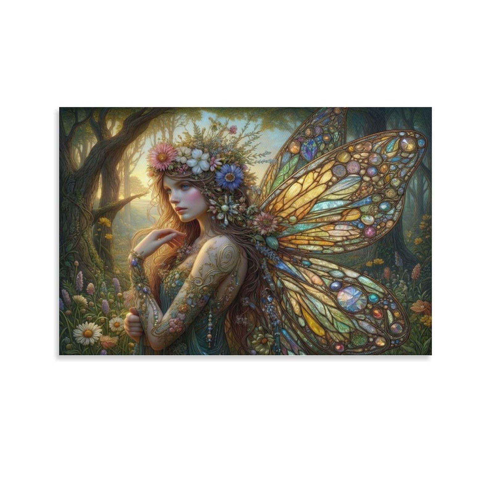 CPLVKWRQJ Stained Glass Fairy Individual Forest Fairy with Stained Glass Butterfly Wings Canvas Wall Hanging - Office Wall Focal Art Fade Resistant Statement Piece Decor 12x18inch(30x45cm)