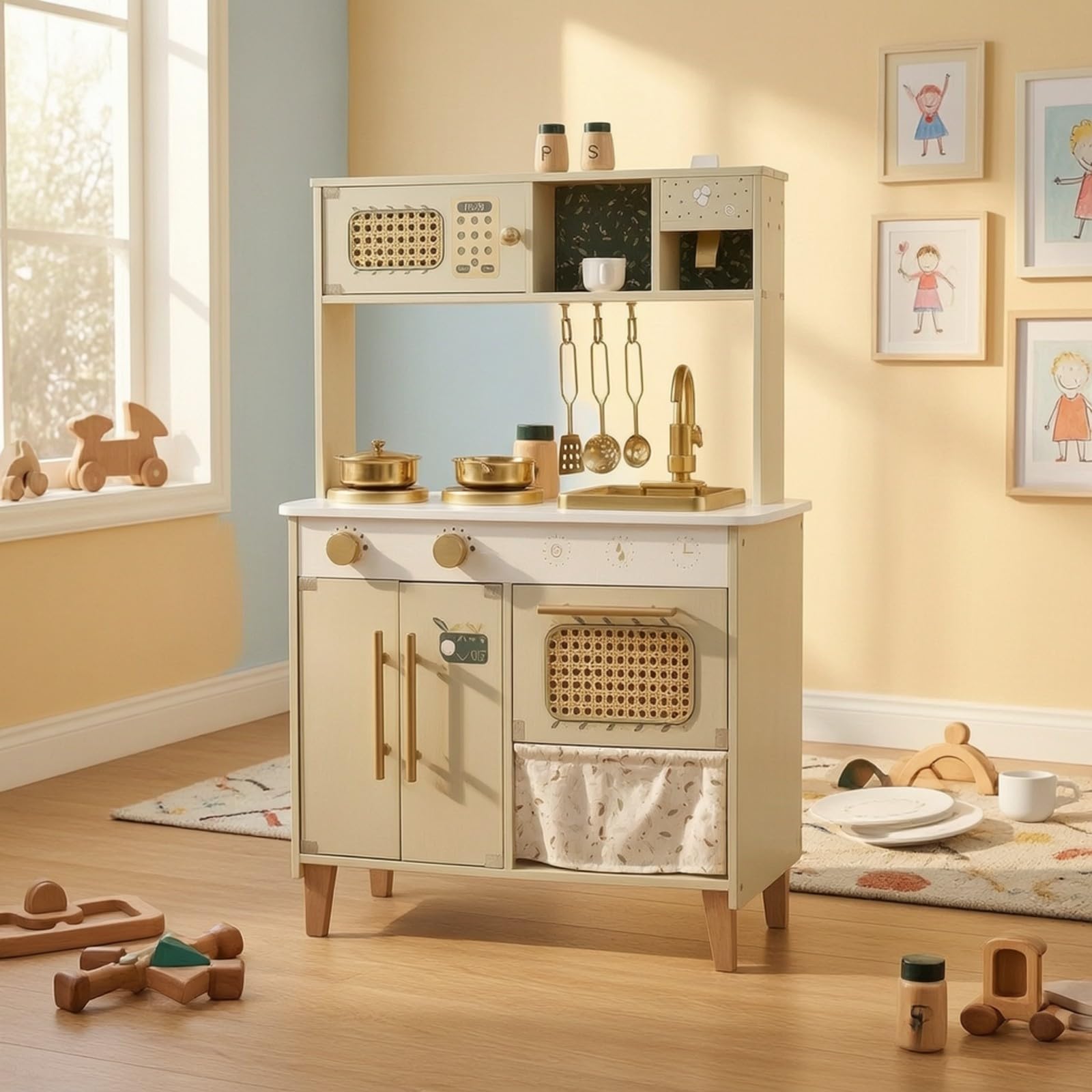 Cucinotta in Legno per Bambini Robusta Resistente, Giocattolo con Accessori, Scandinavo, in Legno, per Cameretta, stanza giochi, Asilo