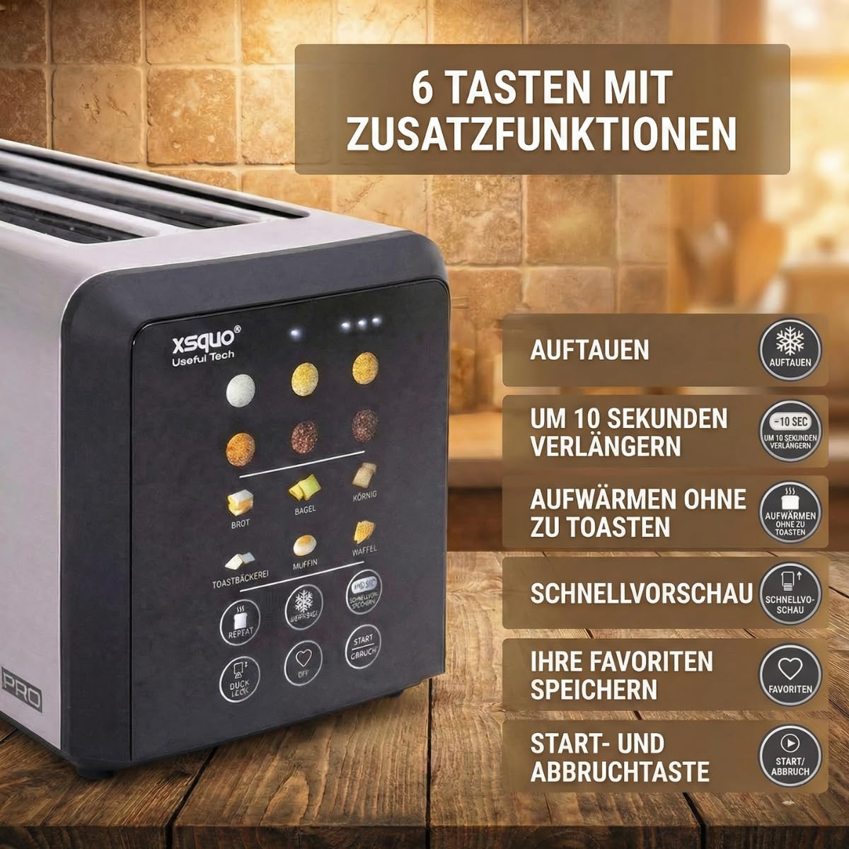 Digitaler Langschlitztoaster mit Touchscreen, Auto-Lift Toaster Edelstahl, LED-Countdown, 1500W, Brötchenaufsatz, 6 Stufen & Auftaufunktion