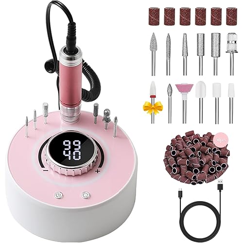 Electric Nail Drill with Brushless Motor, 40000RPM Professional Cordless Nail File for Acrylic & Gel Removal - Rechargeable Manicure & Pedicure Kit with 12 Bits for Home and Salon Use (Pink)
