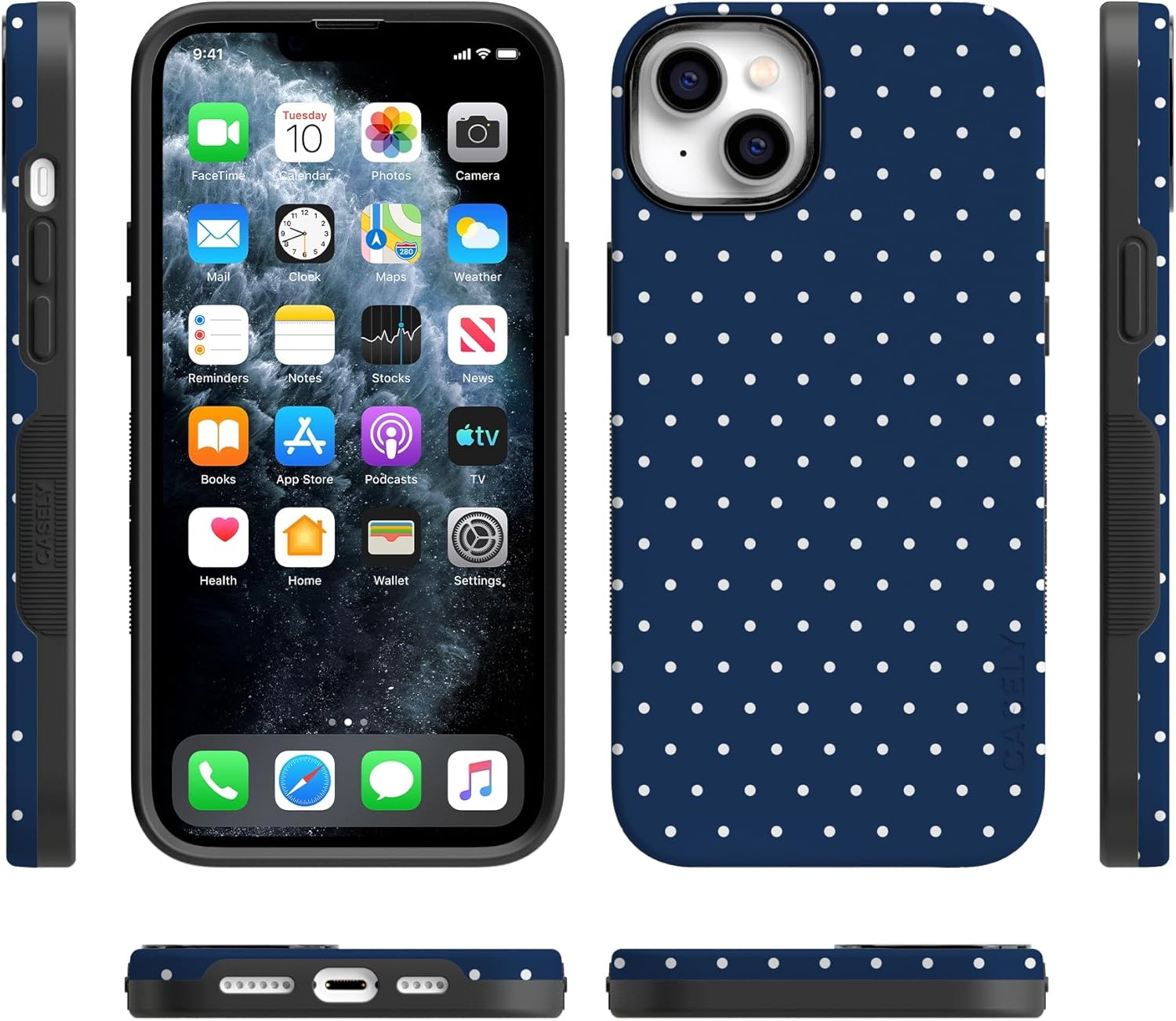 Casely iPhone 14 Plus Case | On the Dot | Navy Polka Dot | Bold Protective Design | Compatible with MagSafe