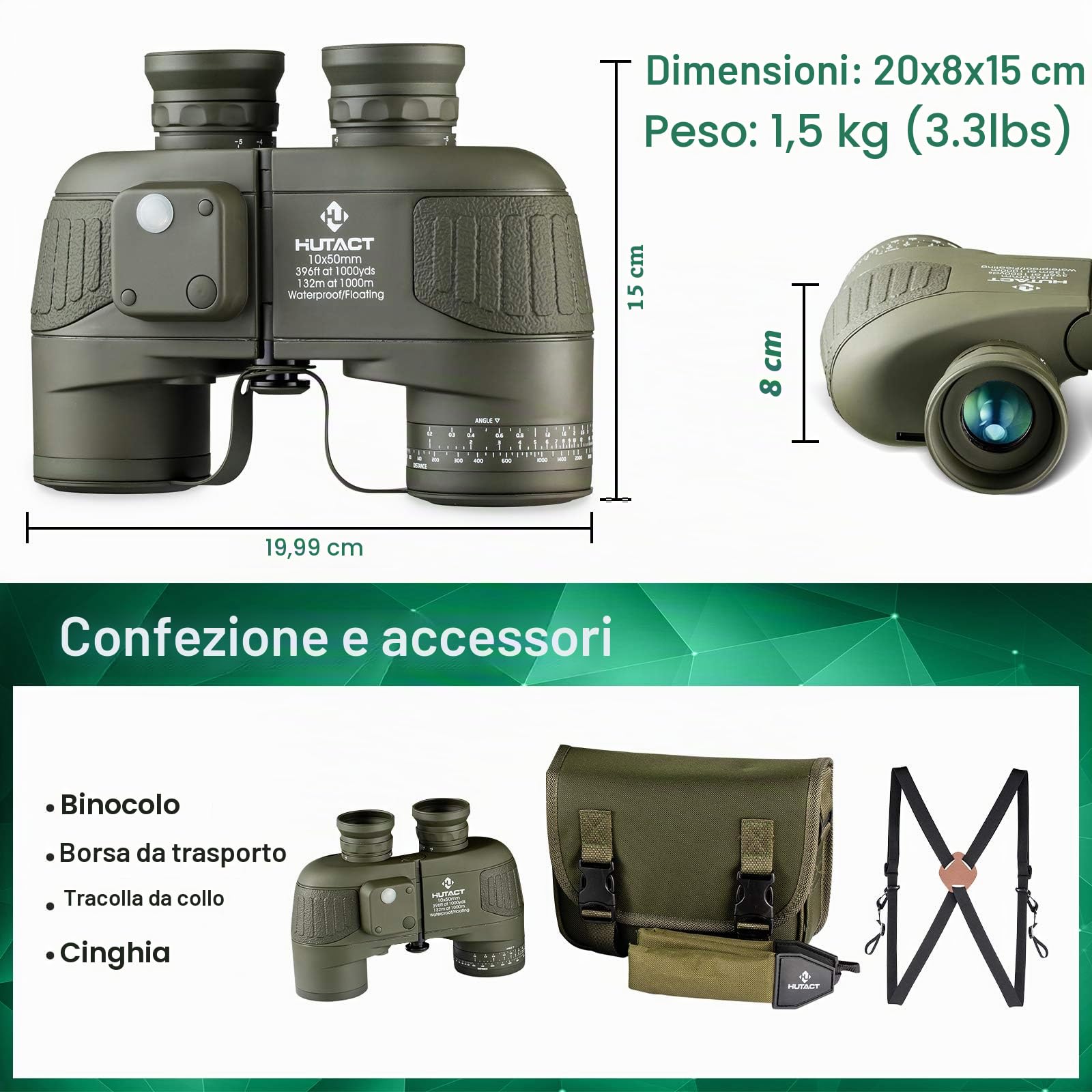 10X50 Binocolo Professionale, con Bussola e Telemetro, Alta Potenza, Alta Definizione, Grande Campo Di Visione, Per La Navigazione Di Piacere, Il Cross-Country E I Viaggi