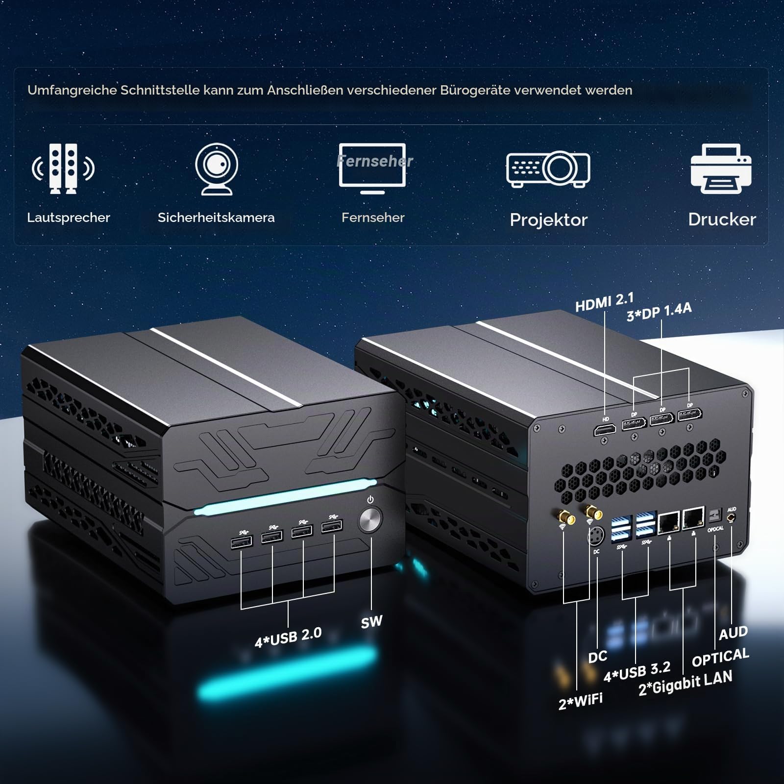 AI Mini PC, Desktop-Gaming Computer i9-14900F 24 Kerne bis zu 5,8 GHz, 64G DDR5, 2T M.2 PCIE4.0 SSD, Win-11 Pro, GeForce RTX5060Ti 16G, Vier Bildschirme, 8K@60Hz-Ausgänge, Dual-LAN, WiFi7