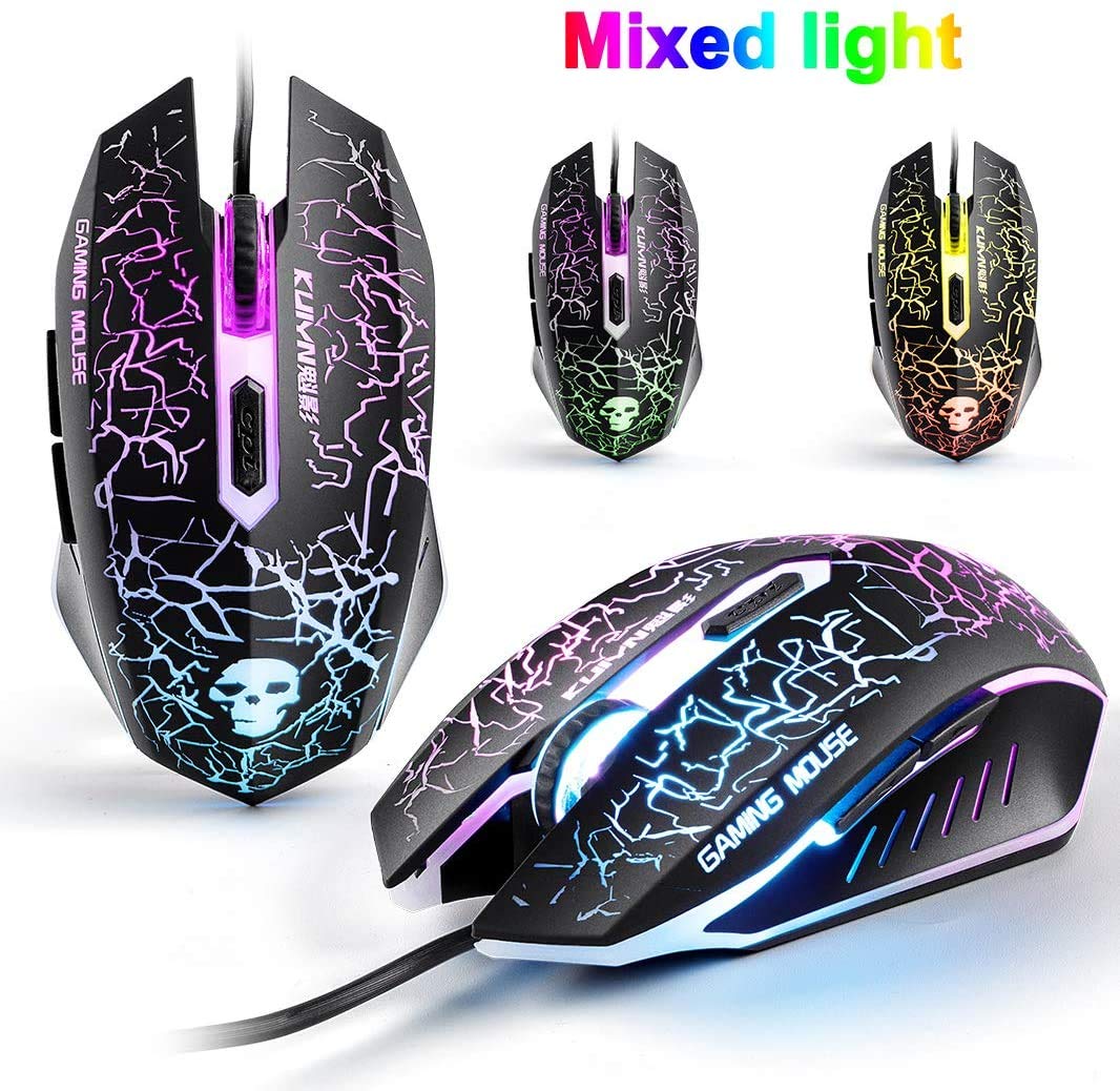 Tastiera da gioco USB retroilluminata con filo arcobaleno+Mouse da gioco LED arcobaleno ottico a 6 pulsanti 2400 DPI+Cuffie da gioco stereo+Altoparlanti RGB+Tappetini per mouse Set 5 in 1 (Nero)
