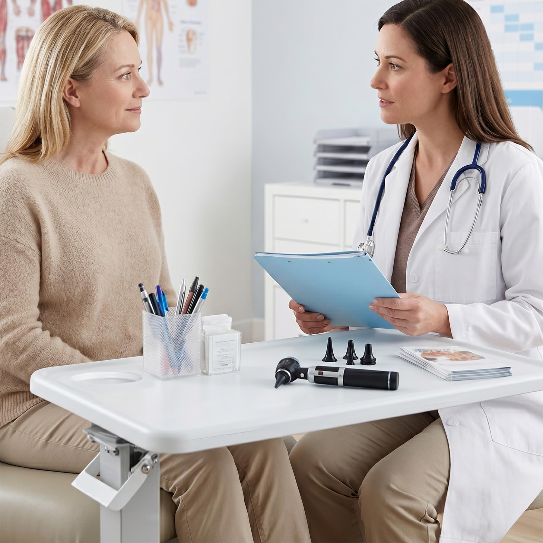 Vaunn Table de chevet médicale réglable avec roulettes pour usage hospitalier et domestique - Gris clair