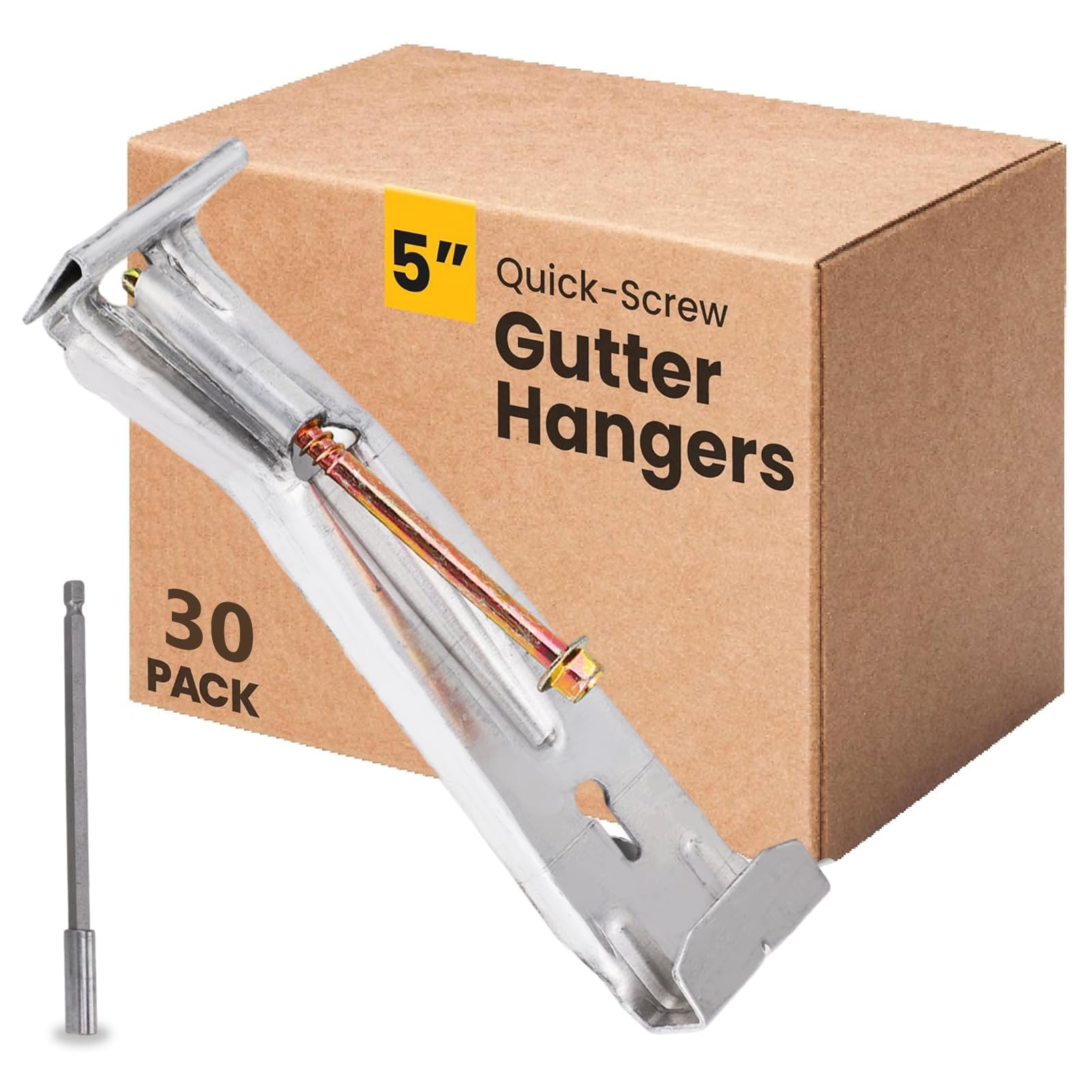 Licaevey 5 Inch Gutter Hangers, Quick Screw With Pre-Assembled Screw Gutter Hangers, Professional Aluminum Hidden Rain Gutter Bracket Hooks With 6Inch Drill For Sagging Rain Gutters, 30Pcs